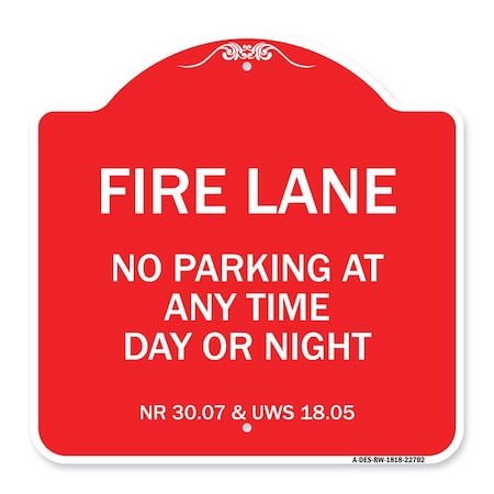 Signmission Wisconsin Fire Lane No Parking Anytime Day or Night, Red & White Alum Sign, 18" x 18", RW-1818-22702 A-DES-RW-1818-22702